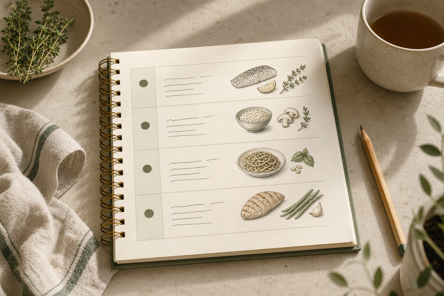 Handwritten weekly dinner plan on a notebook with herbs and a pencil